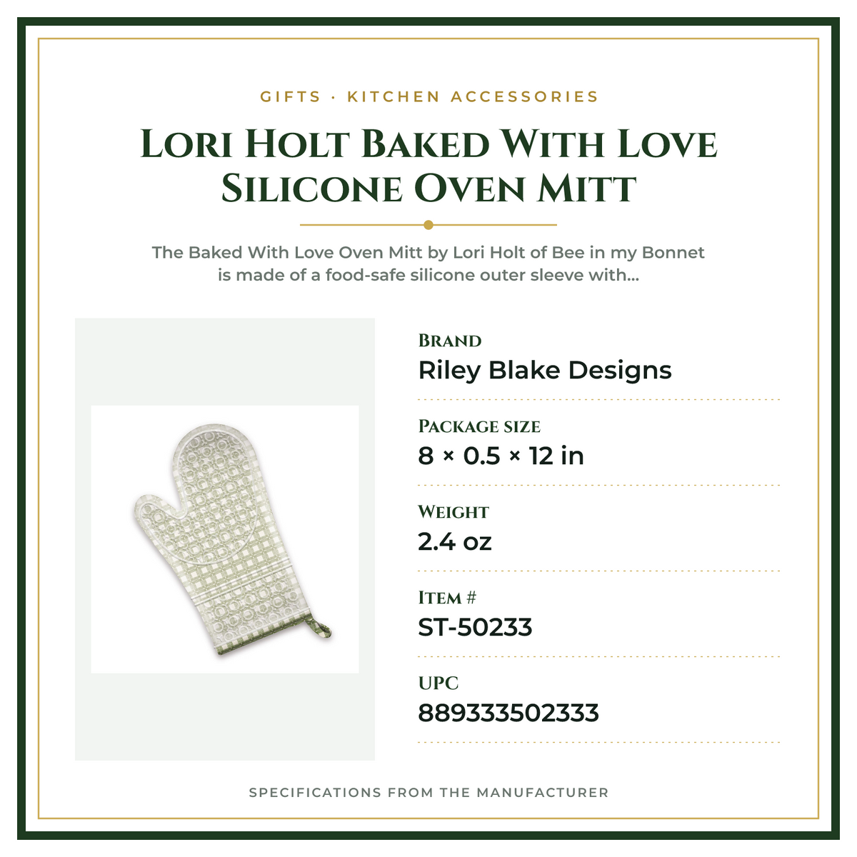 Product Specifications – Lori Holt Baked With Love Silicone Oven Mitt