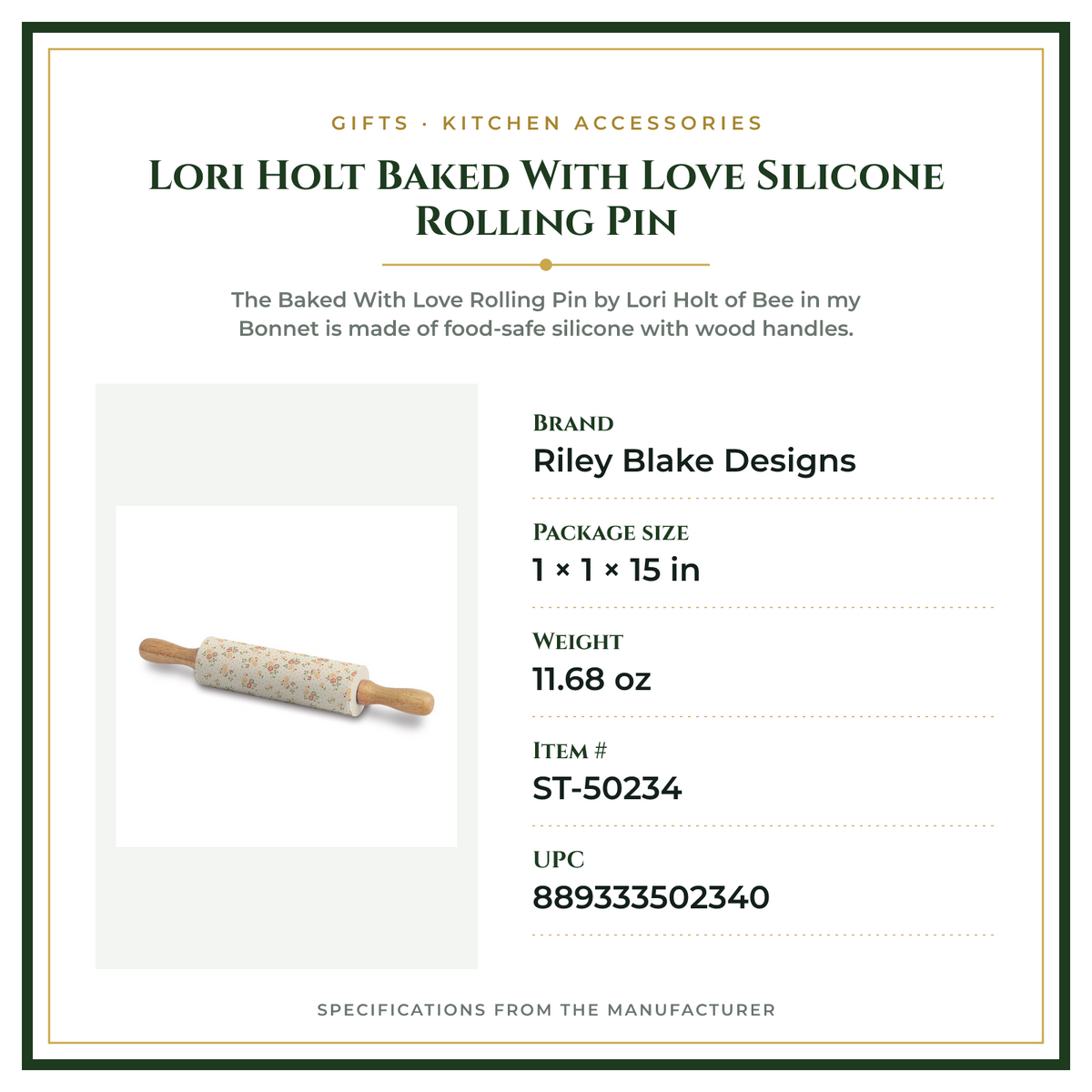 Product Specifications – Lori Holt Baked With Love Silicone Rolling Pin