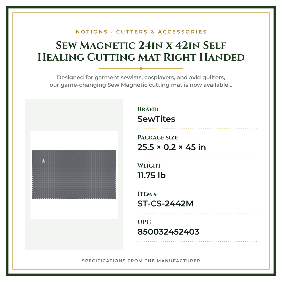 Product Specifications – Sew Magnetic 24in x 42in Self Healing Cutting Mat Right Handed