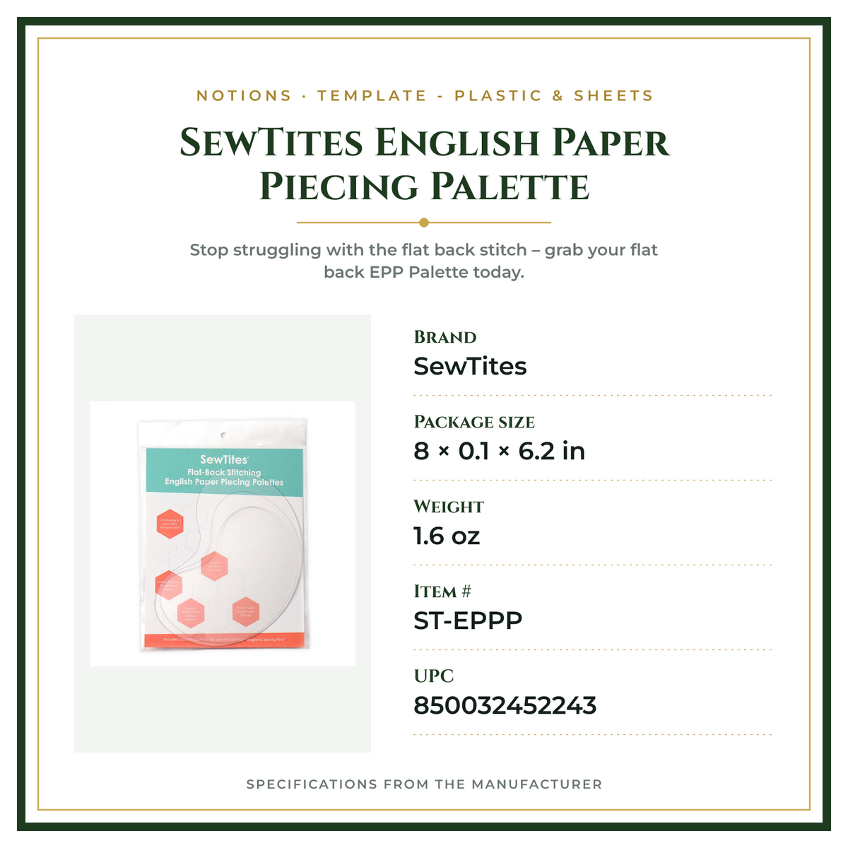 Product Specifications – SewTites English Paper Piecing Palette
