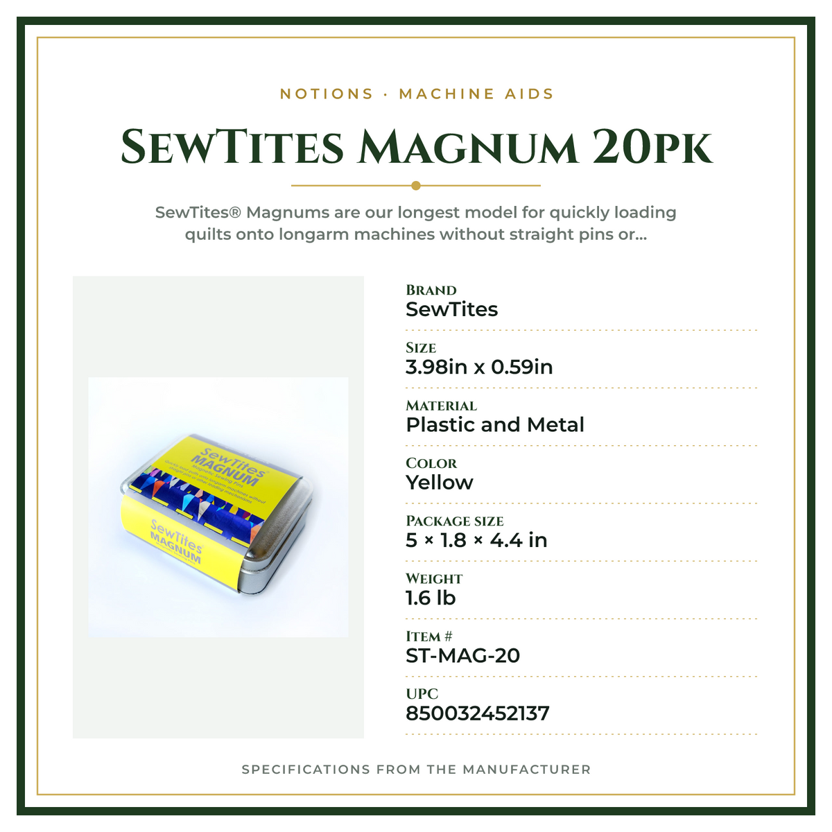 Product Specifications – SewTites Magnum 20pk