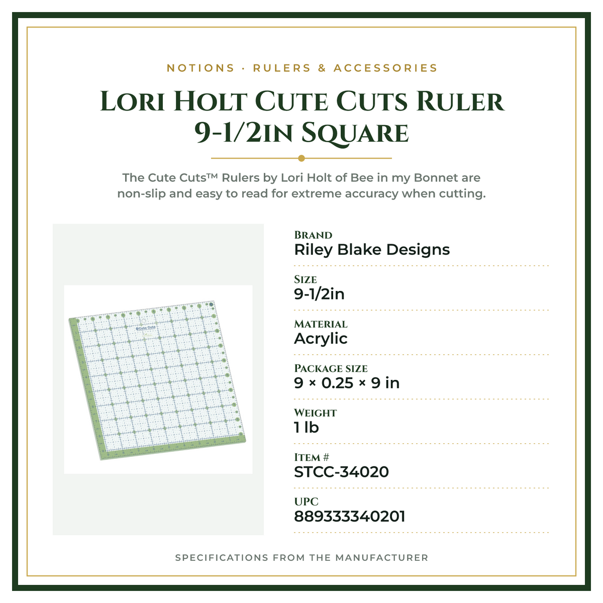 Product Specifications – Lori Holt Cute Cuts Ruler 9-1/2in Square