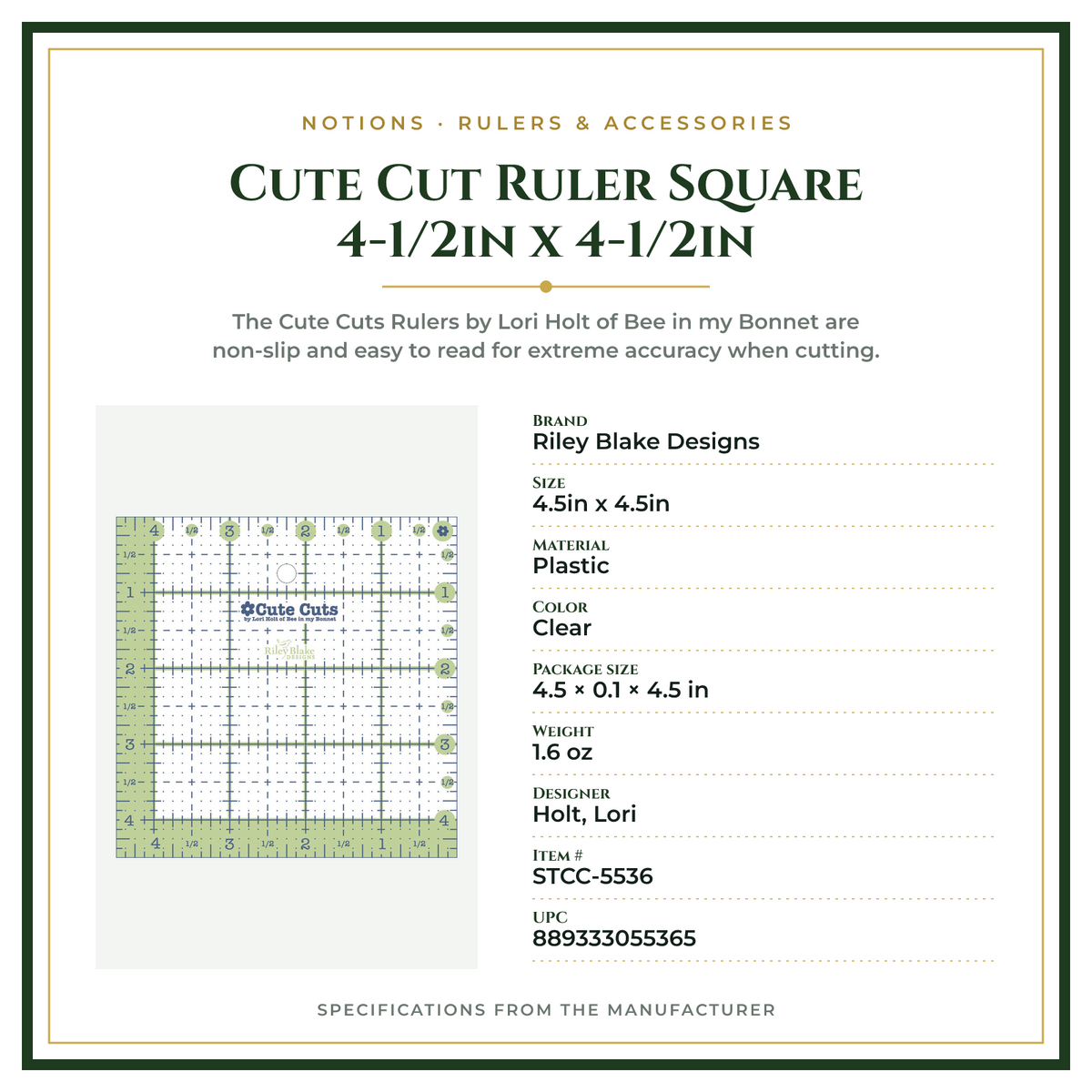 Product Specifications – Cute Cut Ruler Square 4-1/2in x 4-1/2in