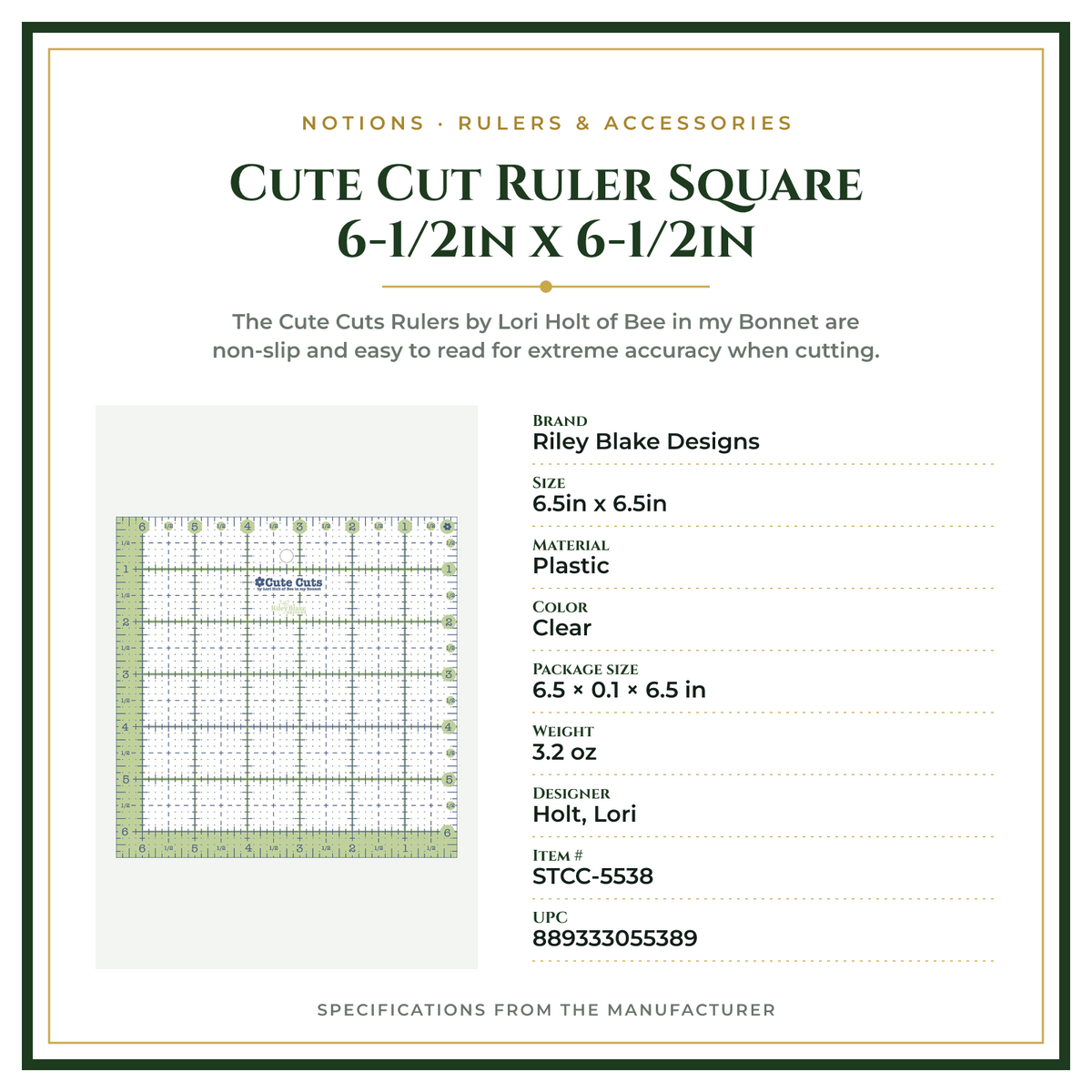Product Specifications – Cute Cut Ruler Square 6-1/2in x 6-1/2in