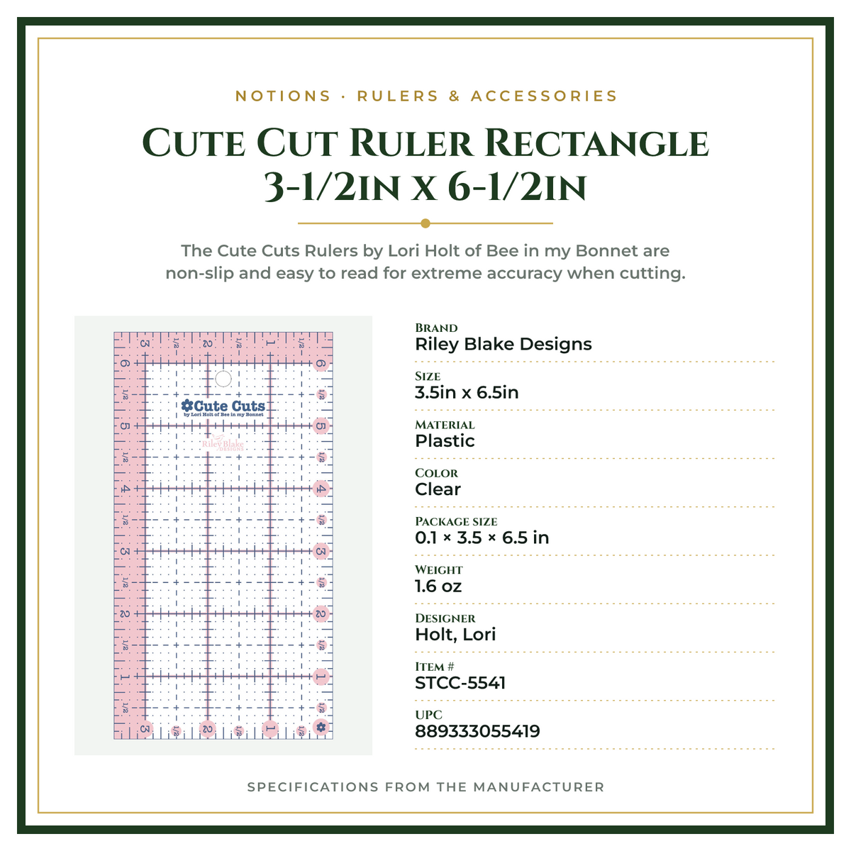 Product Specifications – Cute Cut Ruler Rectangle 3-1/2in x 6-1/2in