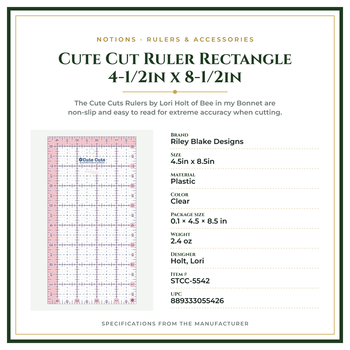 Product Specifications – Cute Cut Ruler Rectangle 4-1/2in x 8-1/2in