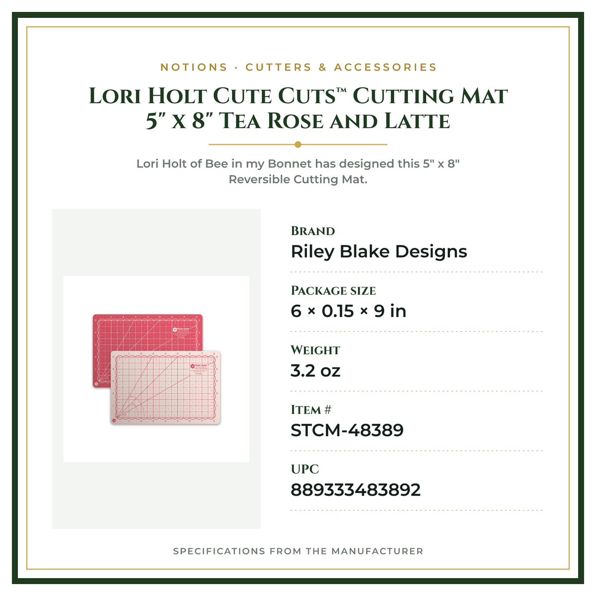 Product Specifications – Lori Holt Cute Cuts™ Cutting Mat 5" x 8" Tea Rose and Latte