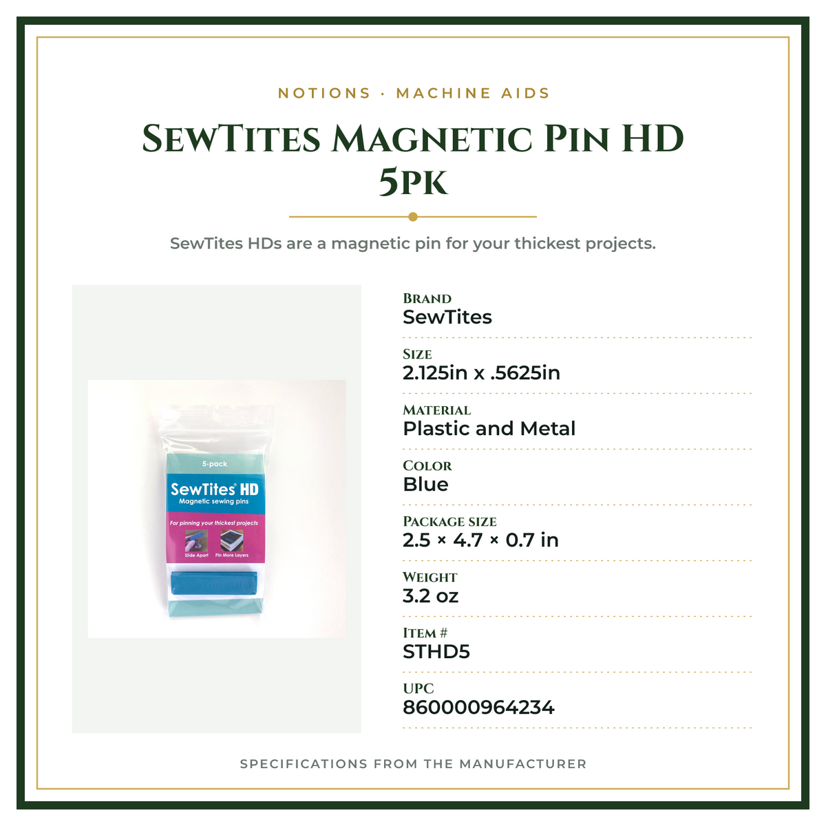 Product Specifications – SewTites Magnetic Pin HD 5pk