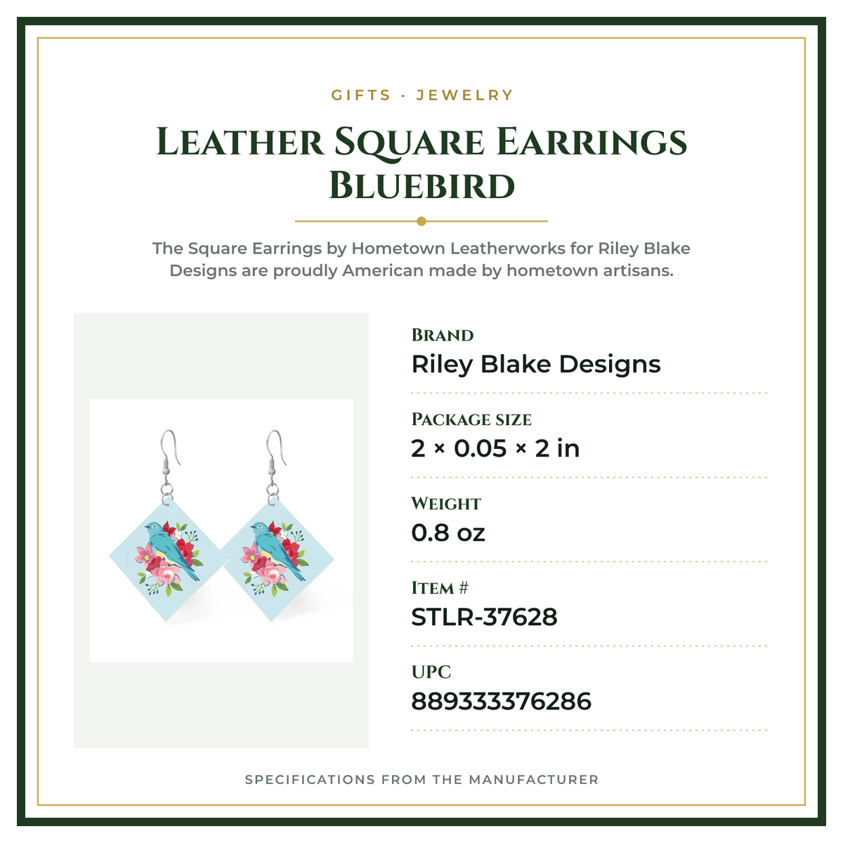 Product Specifications – Leather Square Earrings Bluebird
