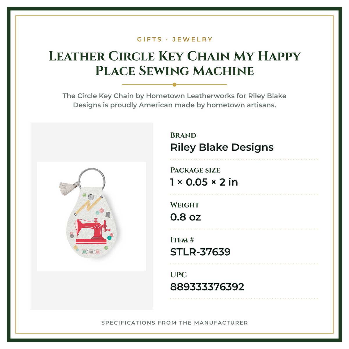 Product Specifications – Leather Circle Key Chain My Happy Place Sewing Machine