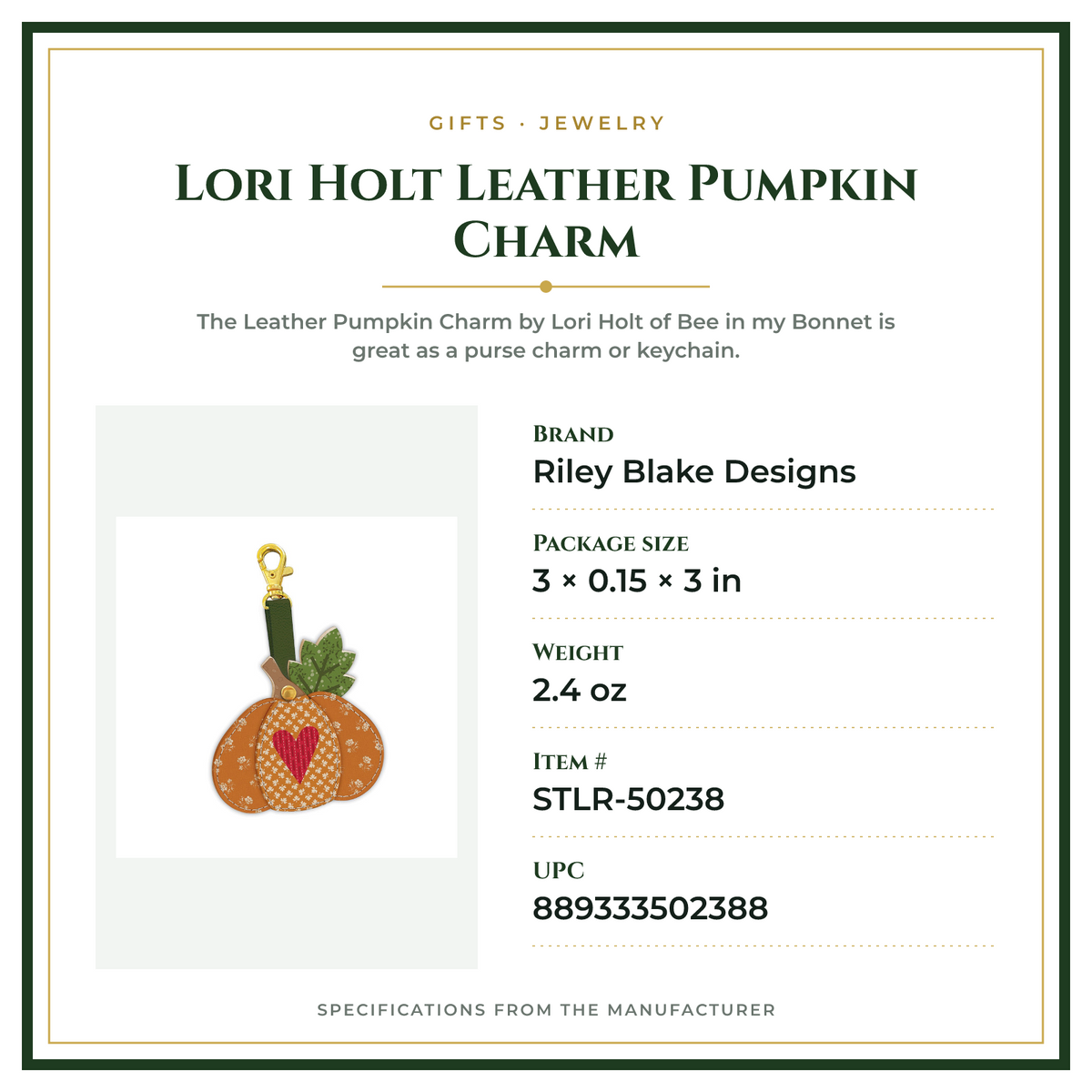 Product Specifications – Lori Holt Leather Pumpkin Charm