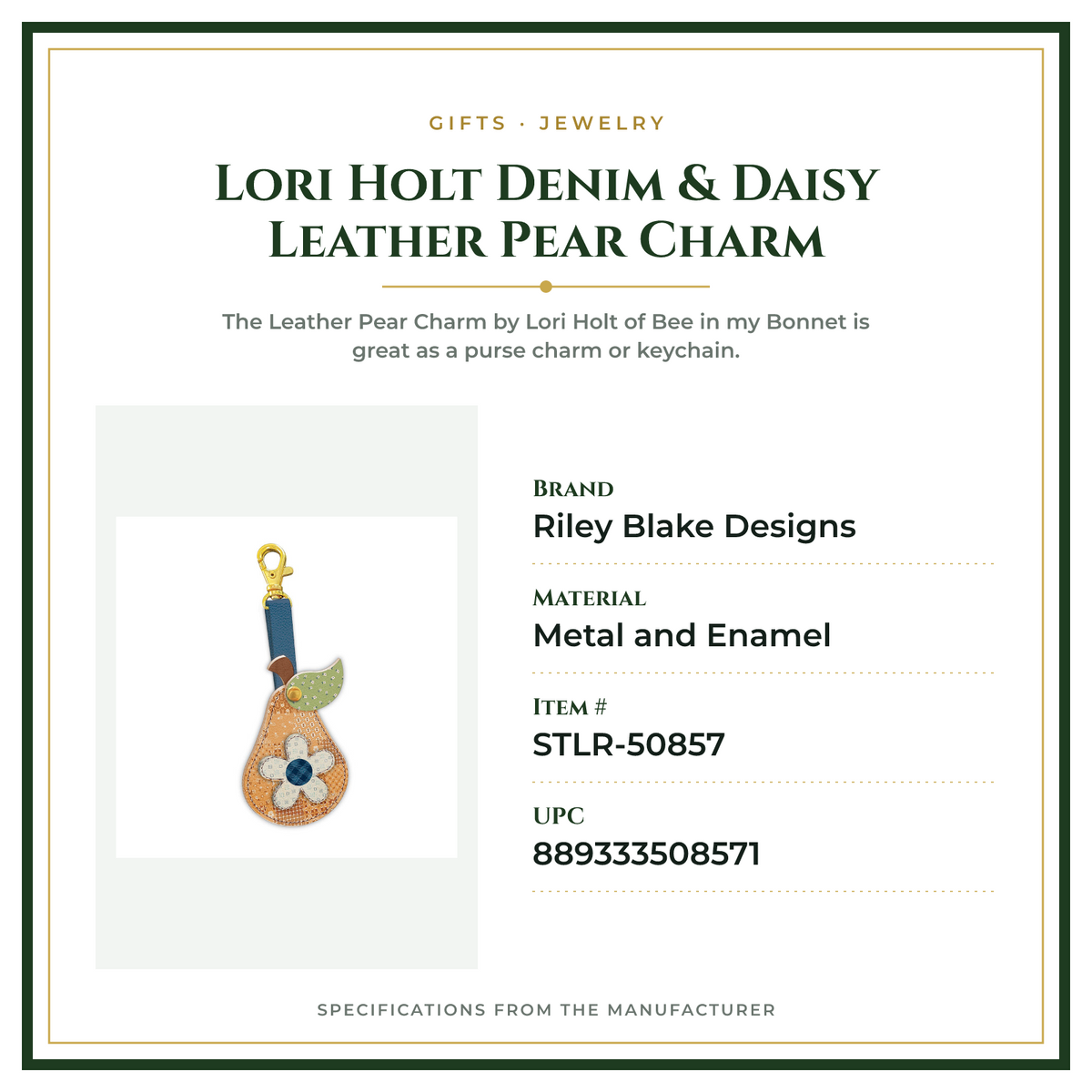 Product Specifications – Lori Holt Denim & Daisy Leather Pear Charm
