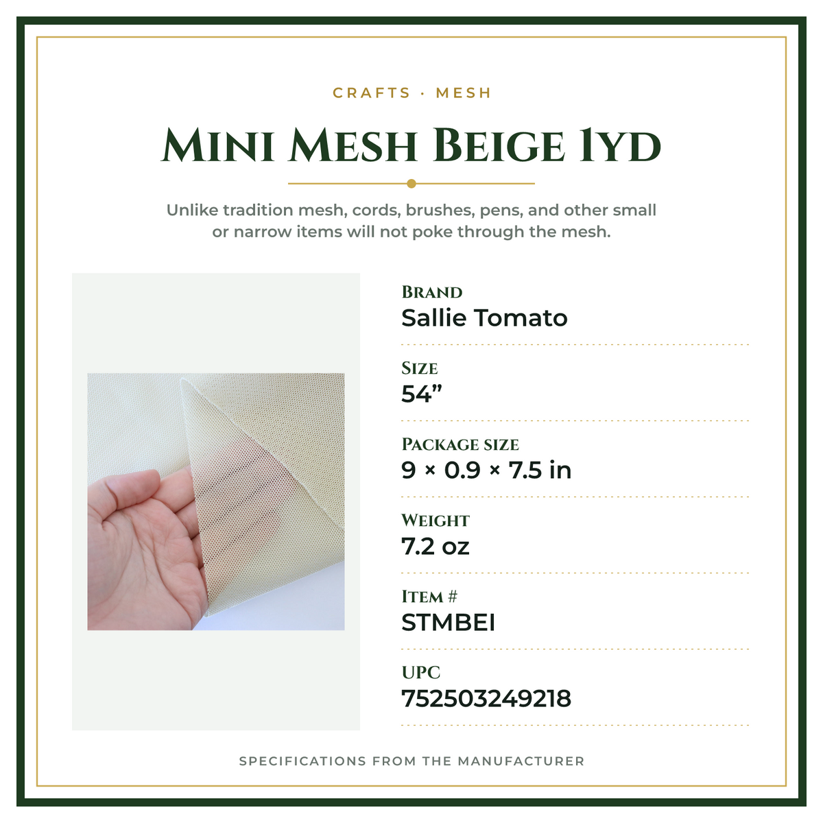Product Specifications – Mini Mesh Beige 1yd