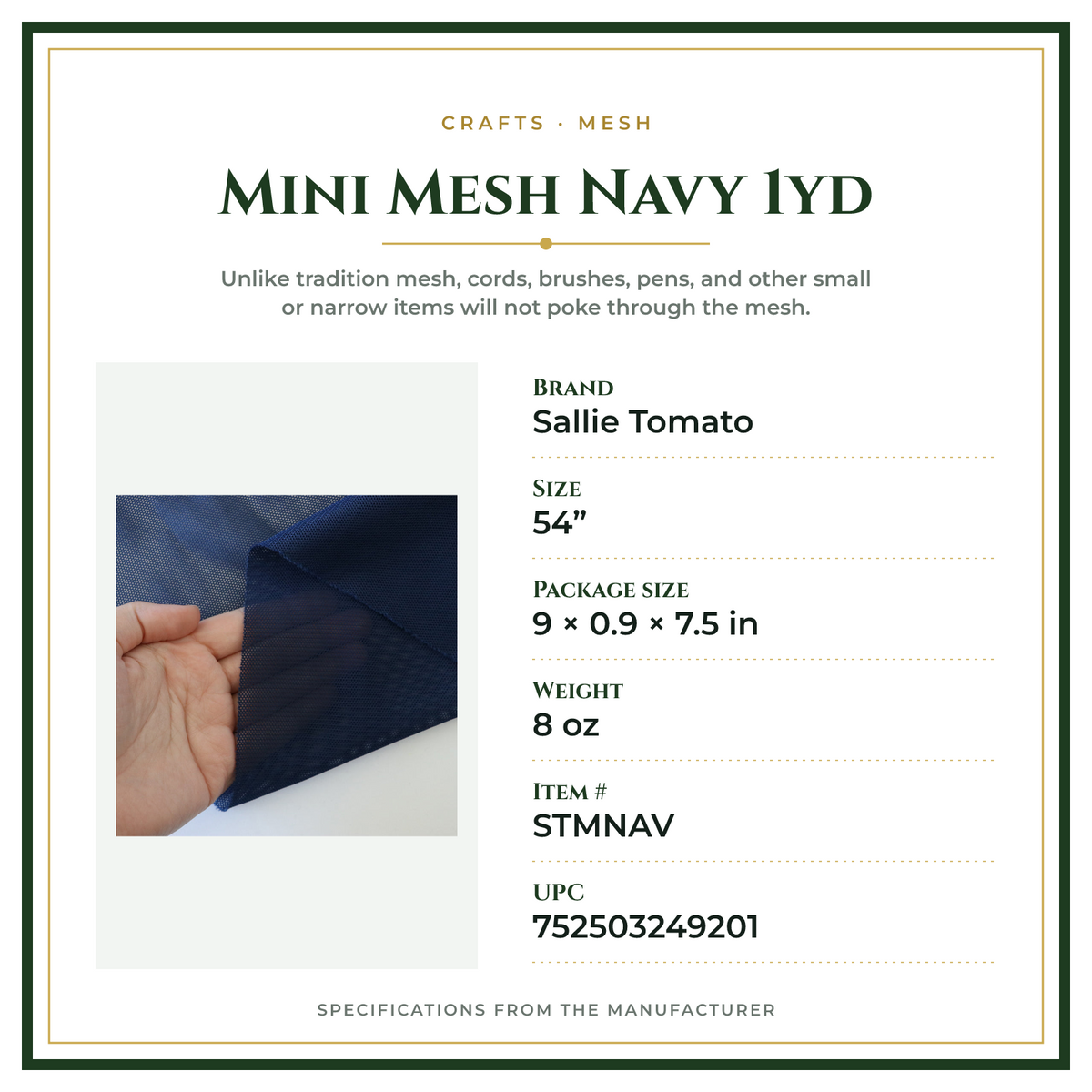 Product Specifications – Mini Mesh Navy 1yd