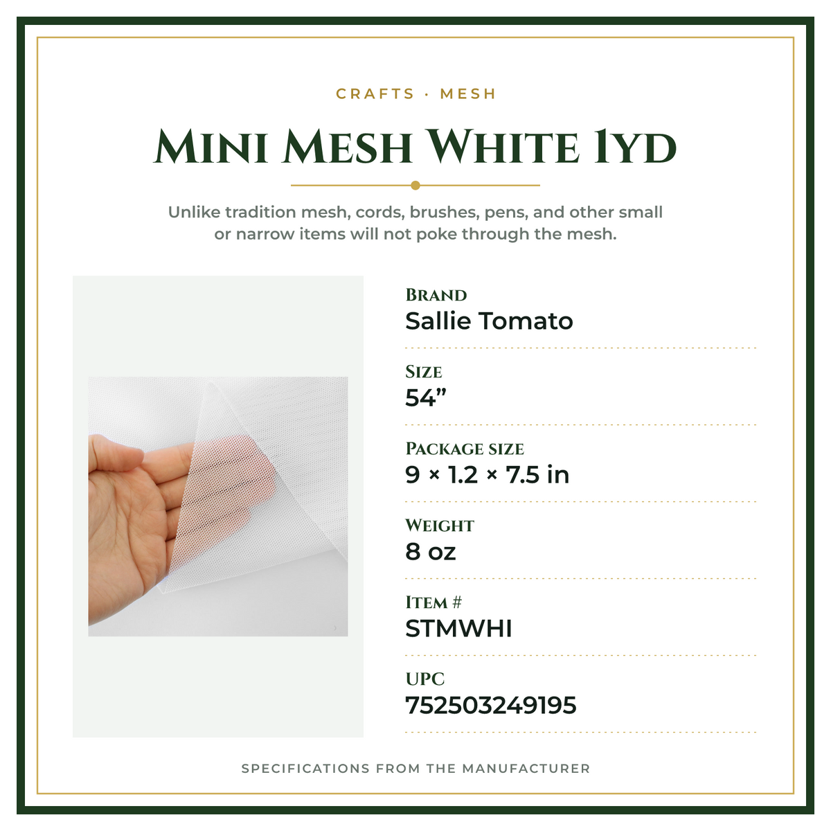 Product Specifications – Mini Mesh White 1yd