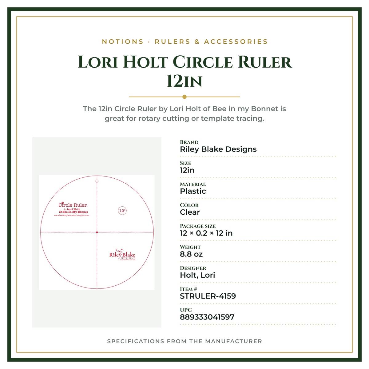 Product Specifications – Lori Holt Circle Ruler 12in