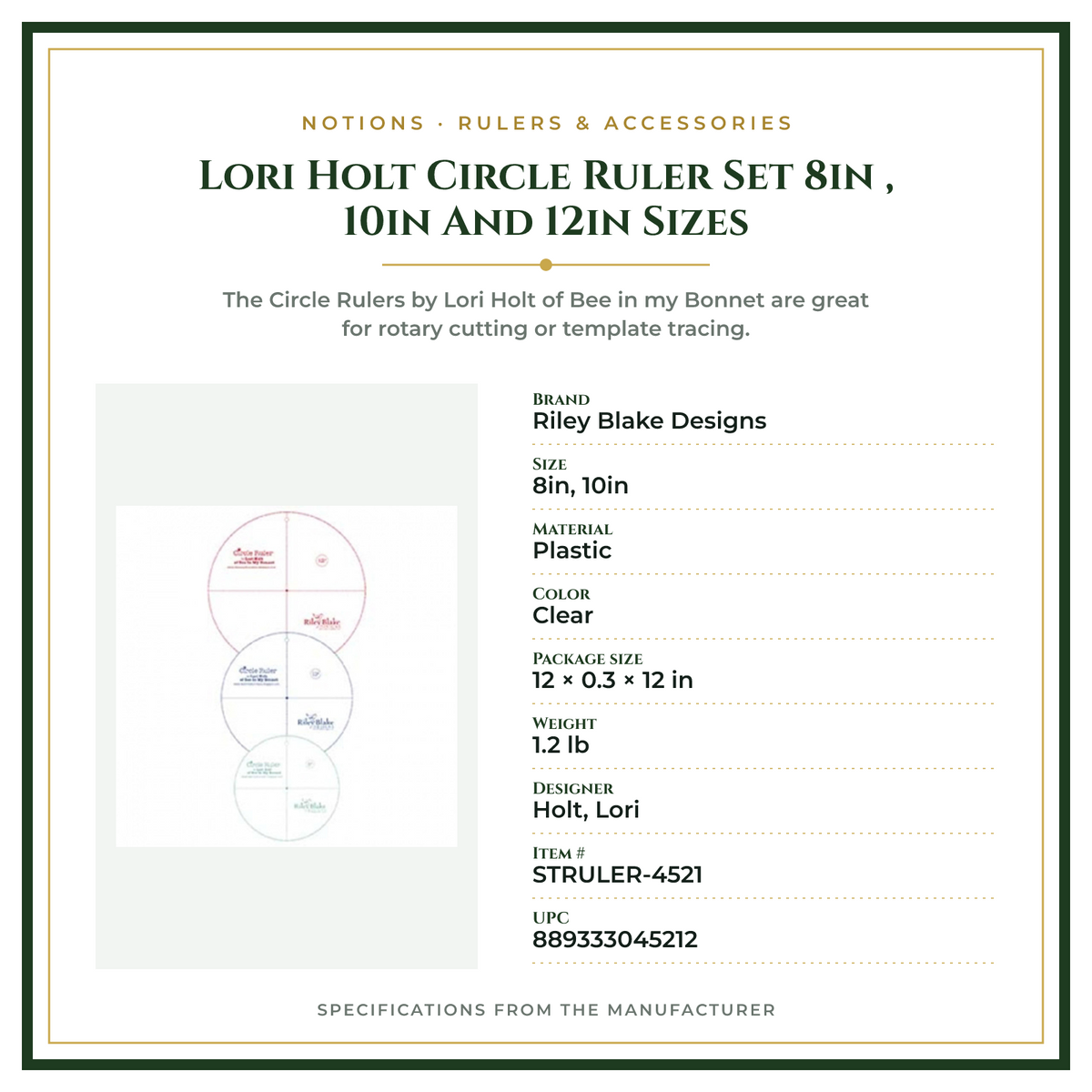Product Specifications – Lori Holt Circle Ruler Set 8in , 10in  And 12in  Sizes