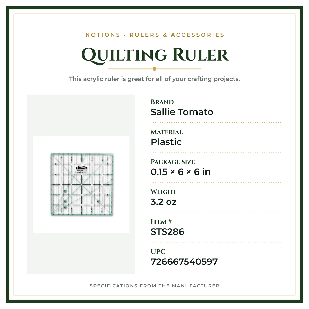 Product Specifications – Quilting Ruler