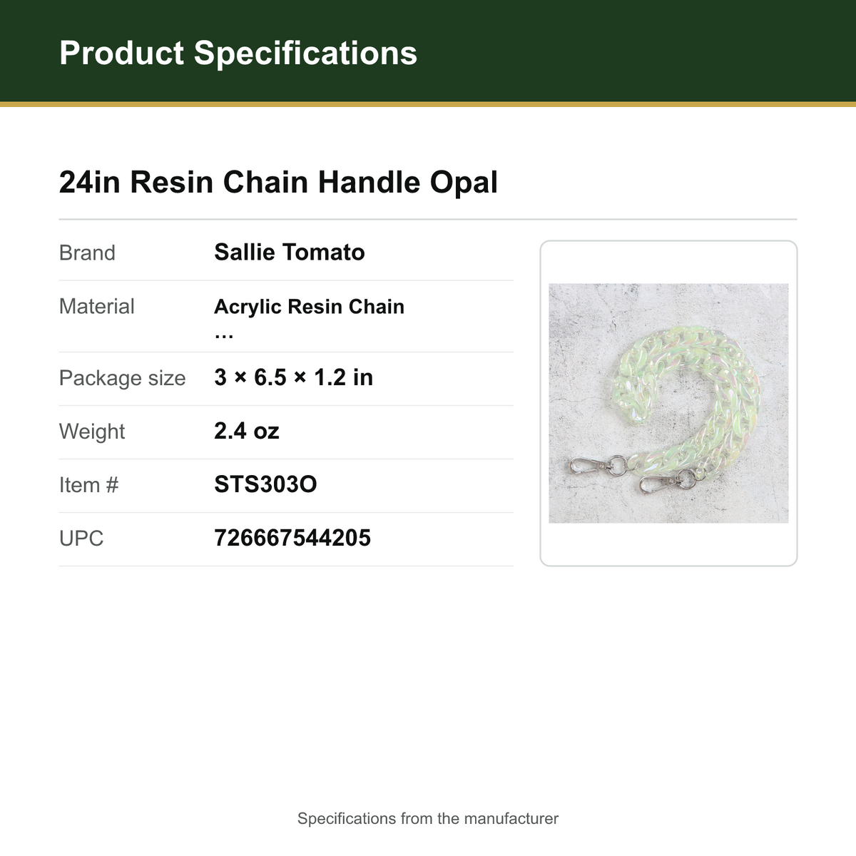 Product Specifications – 24in Resin Chain Handle Opal