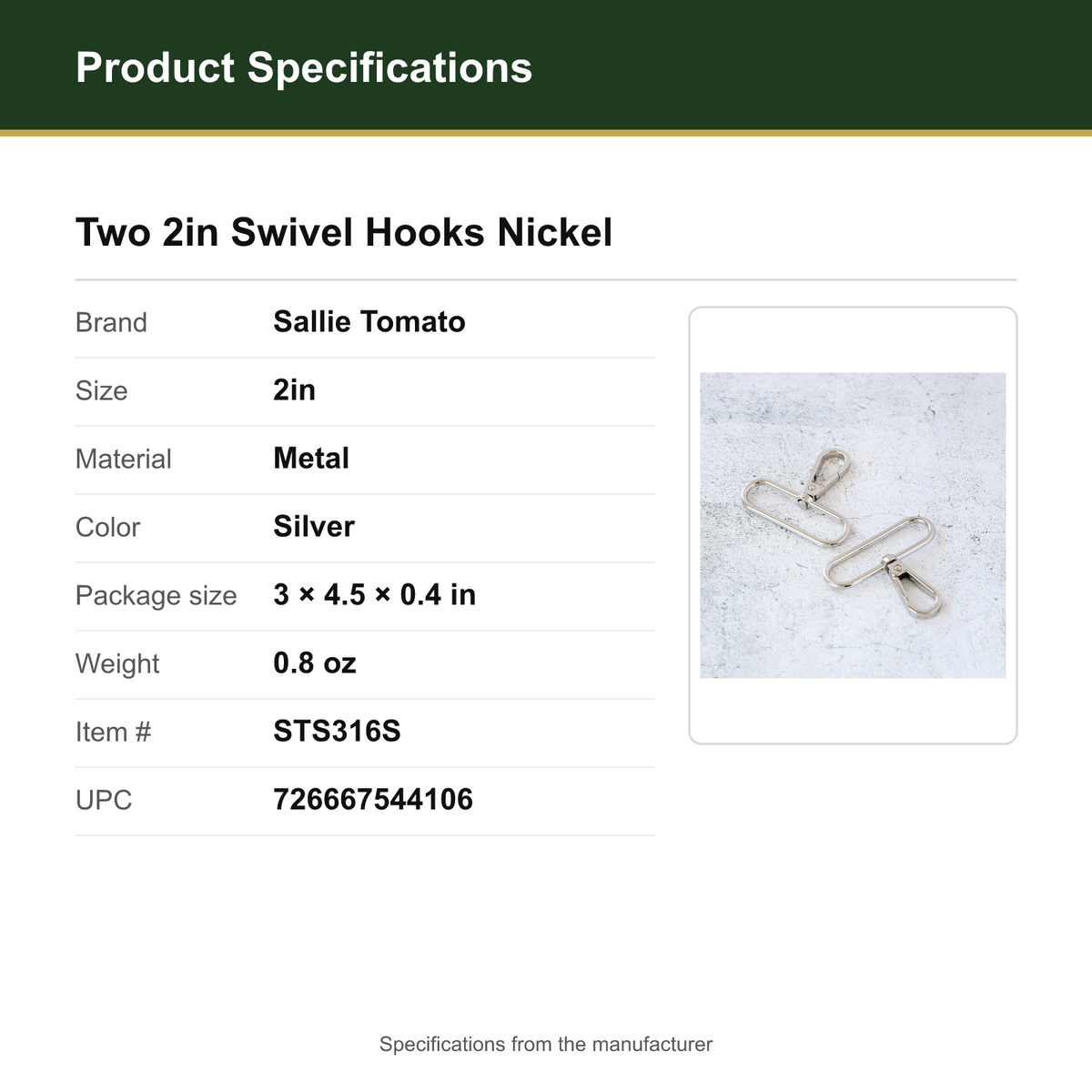 Product Specifications – Two 2in Swivel Hooks Nickel