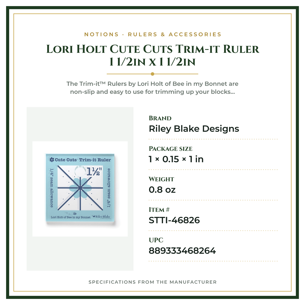 Product Specifications – Lori Holt Cute Cuts Trim-it Ruler 1 1/2in x 1 1/2in