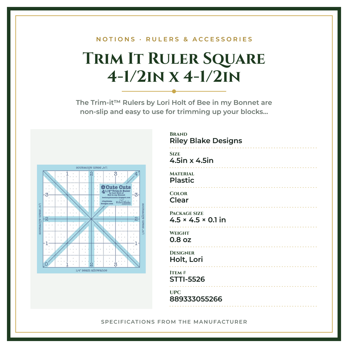 Product Specifications – Trim It Ruler Square 4-1/2in x 4-1/2in