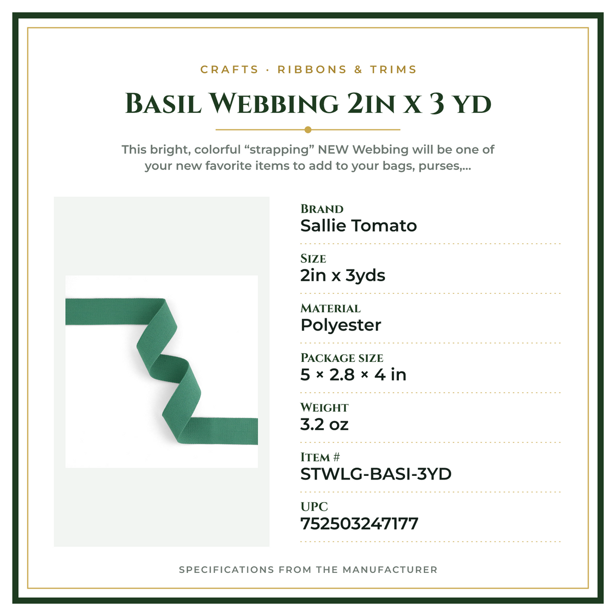 Product Specifications – Basil Webbing 2in x 3 yd