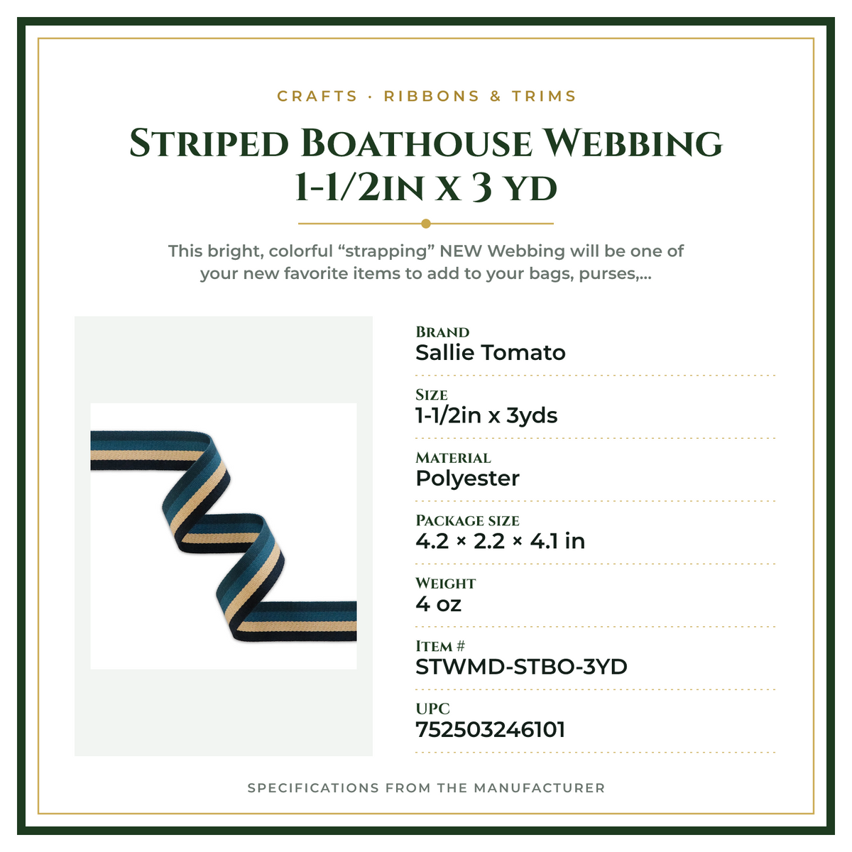 Product Specifications – Striped Boathouse Webbing 1-1/2in x 3 yd