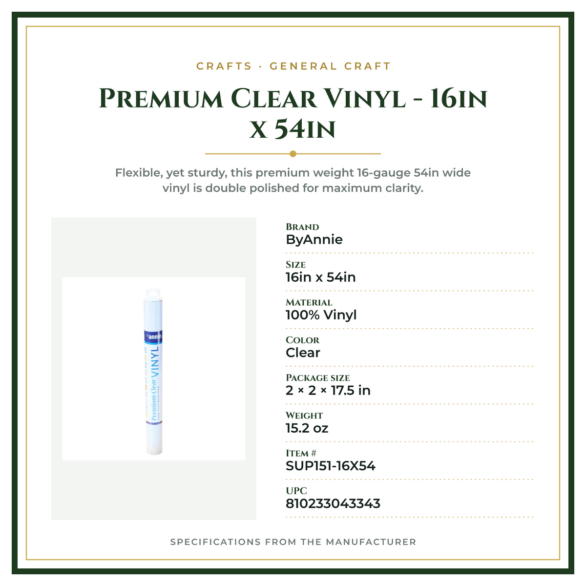 Product Specifications – Premium Clear Vinyl - 16in x 54in