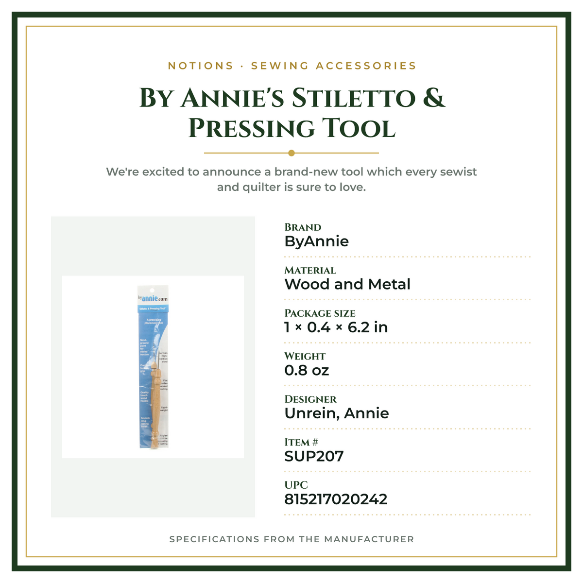 Product Specifications – By Annie's Stiletto & Pressing Tool