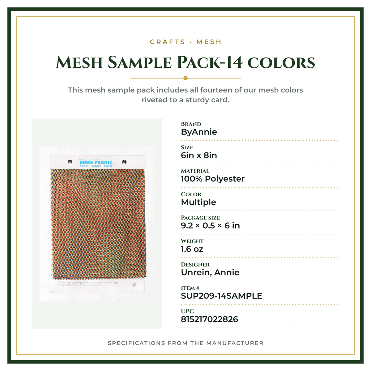 Product Specifications – Mesh Sample Pack-14 colors