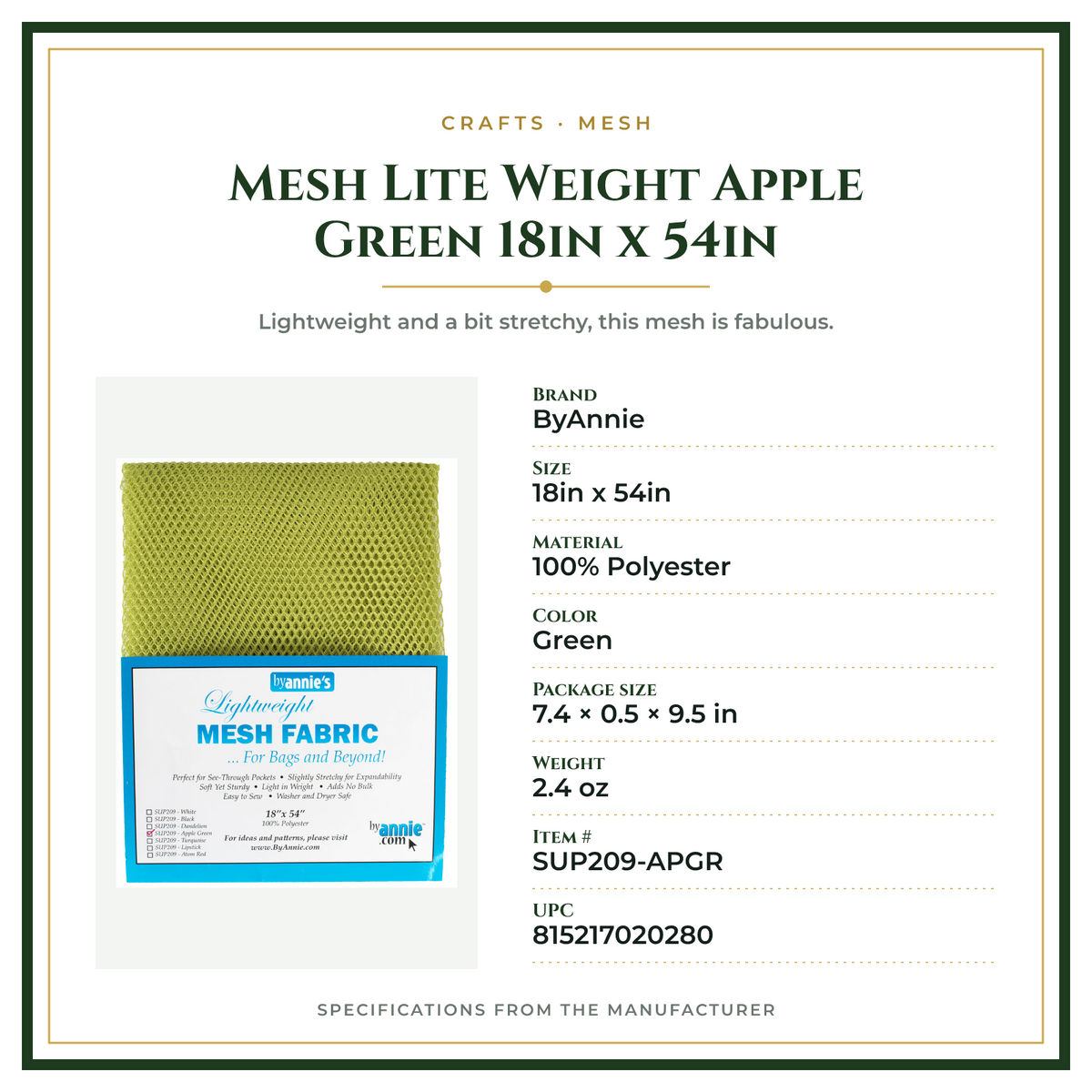 Product Specifications – Mesh Lite Weight Apple Green 18in x 54in