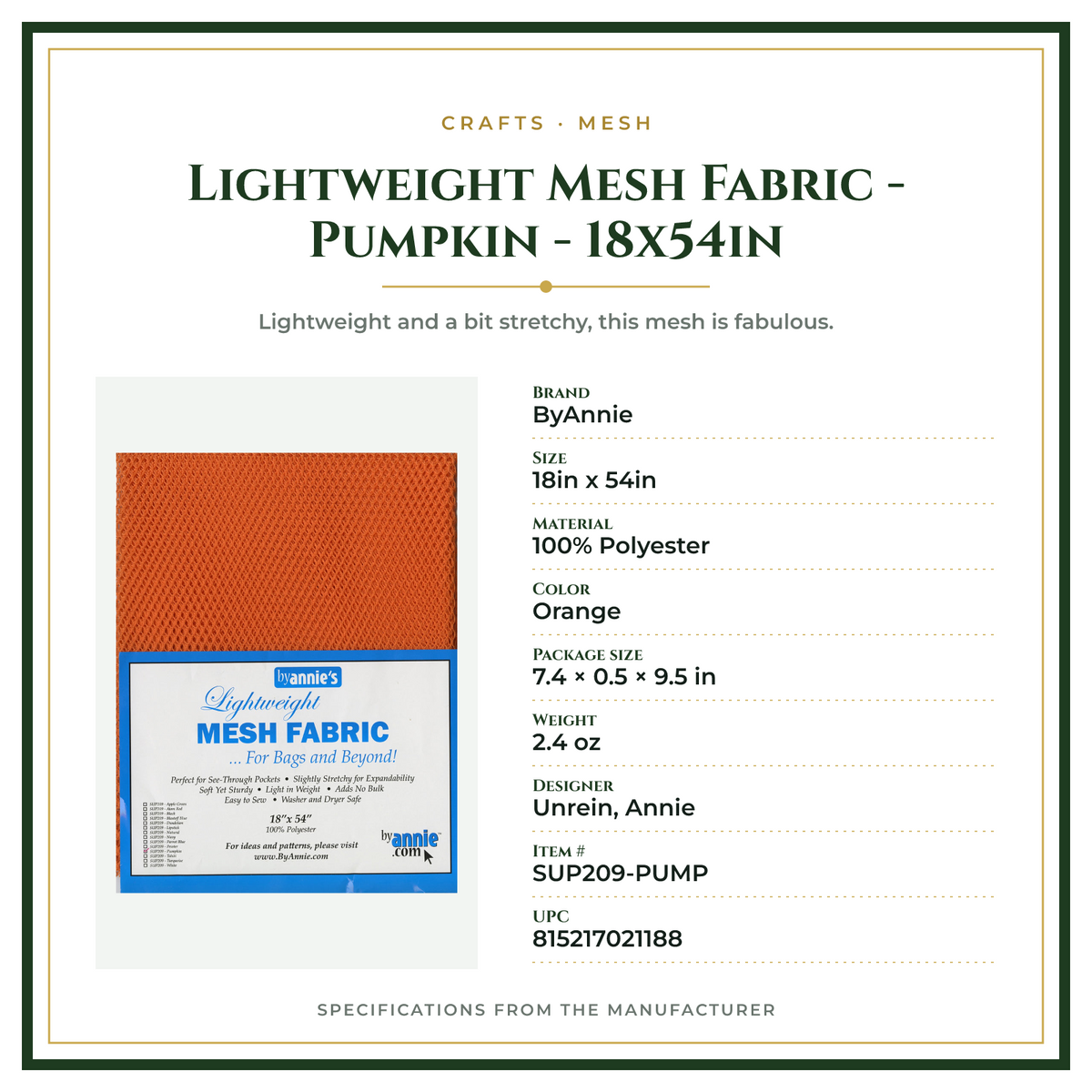 Product Specifications – Lightweight Mesh Fabric - Pumpkin - 18x54in