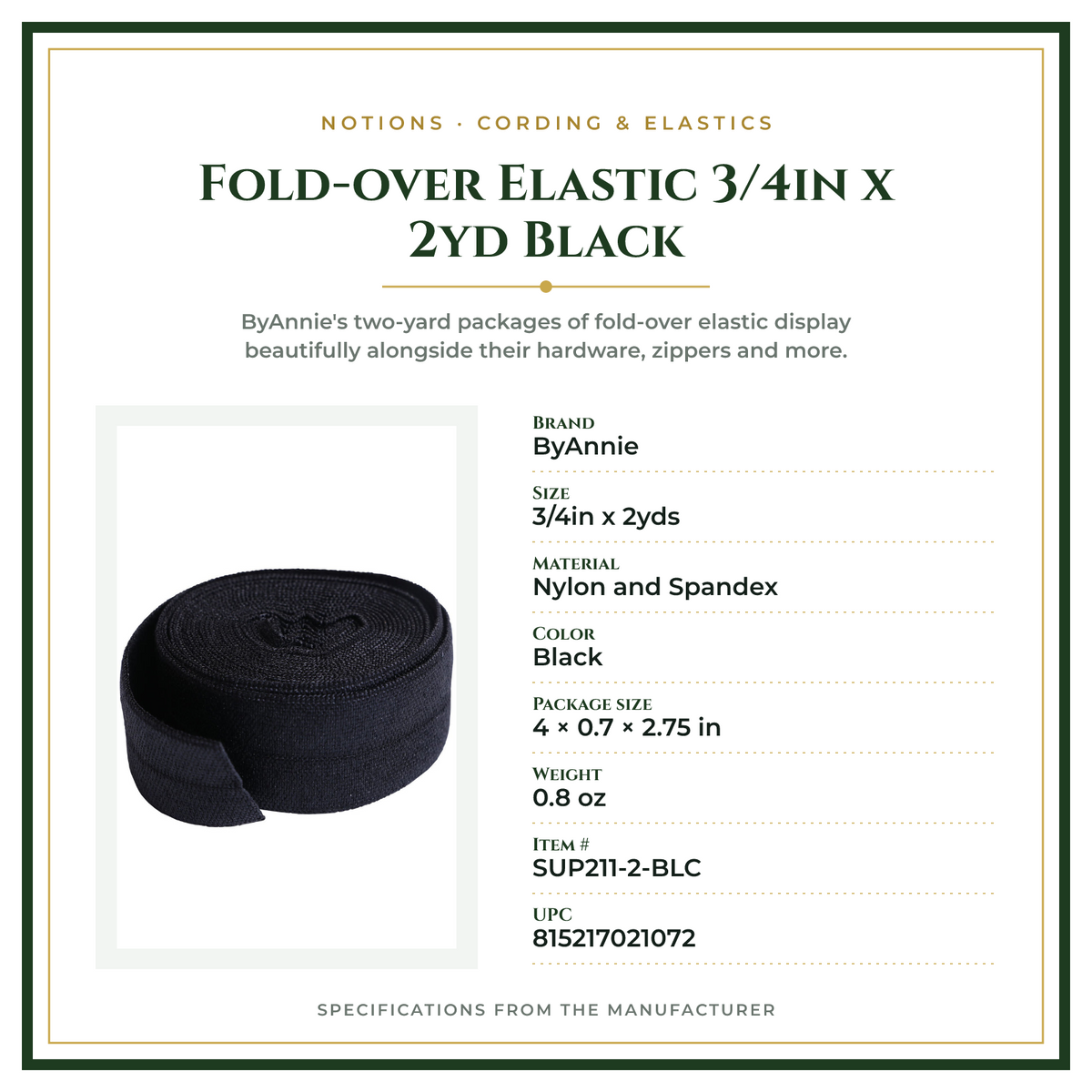 Product Specifications – Fold-over Elastic 3/4in x 2yd Black