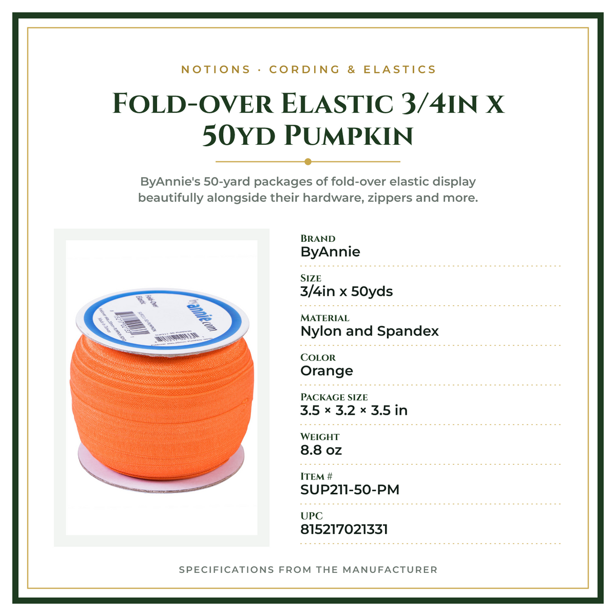Product Specifications – Fold-over Elastic 3/4in x 50yd Pumpkin