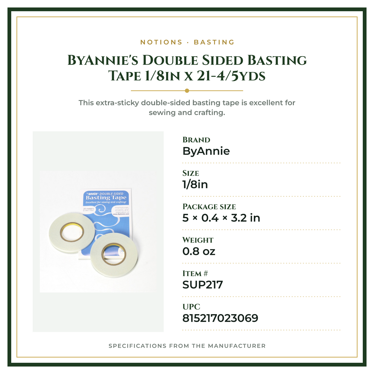 Product Specifications – ByAnnie's Double Sided Basting Tape 1/8in x 21-4/5yds