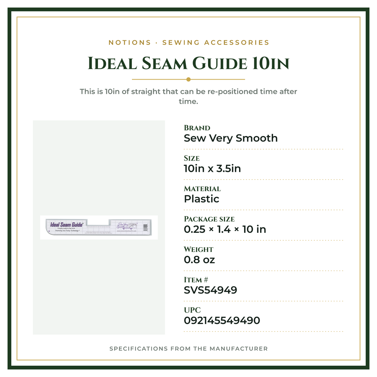 Product Specifications – Ideal Seam Guide 10in