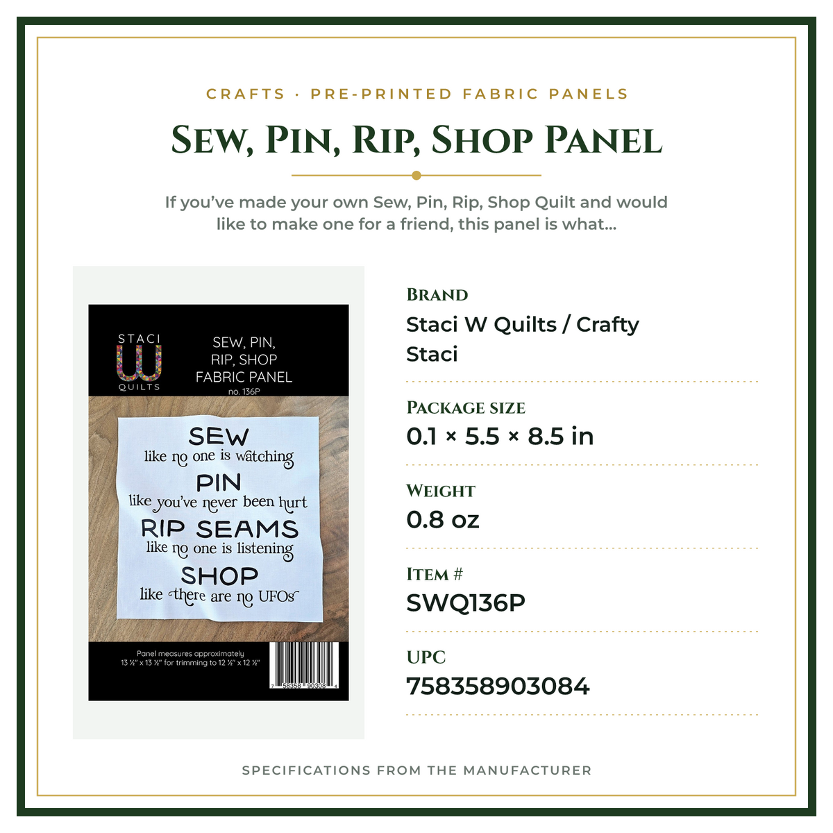 Product Specifications – Sew, Pin, Rip, Shop Panel