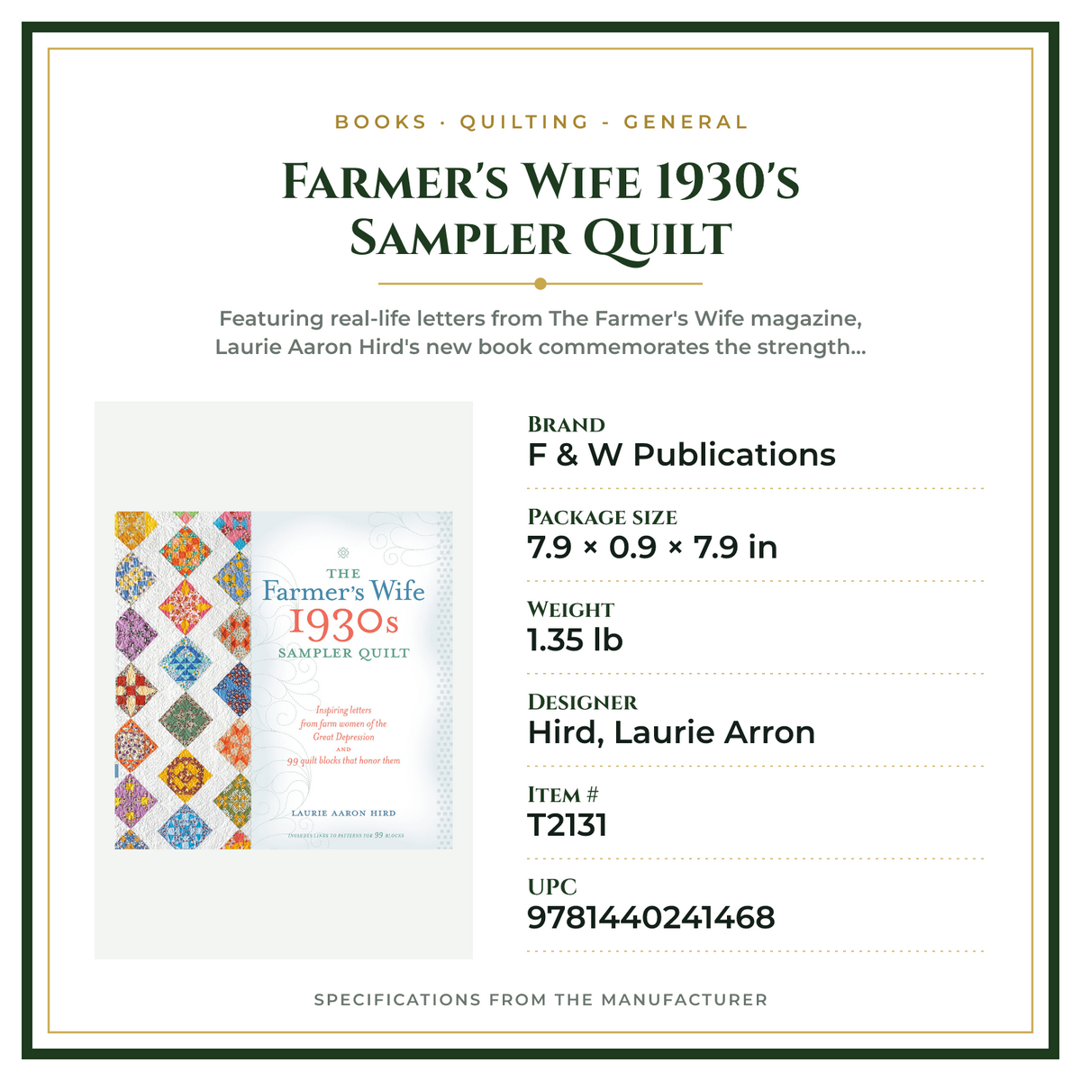 Product Specifications – Farmer's Wife 1930's Sampler Quilt