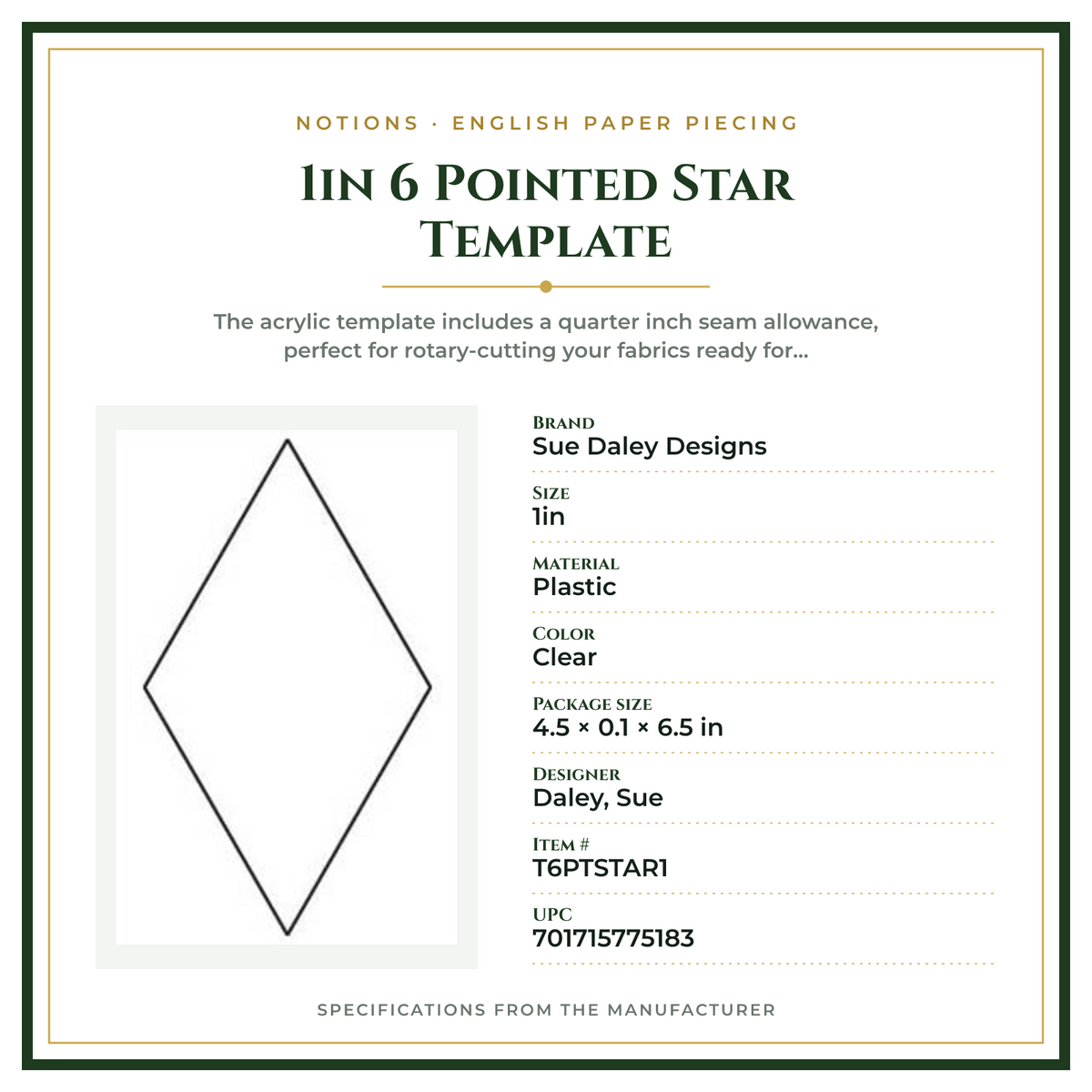 Product Specifications – 1in 6 Pointed Star Template