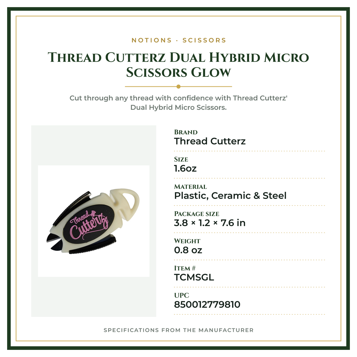 Product Specifications – Thread Cutterz Dual Hybrid Micro Scissors Glow