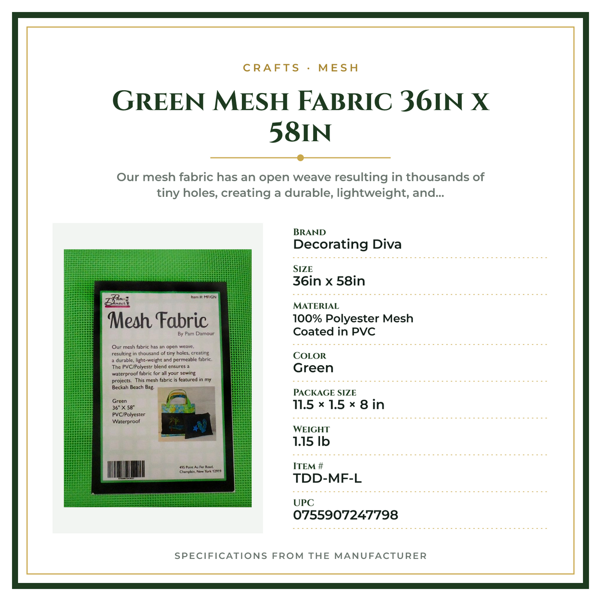 Product Specifications – Green Mesh Fabric 36in x 58in