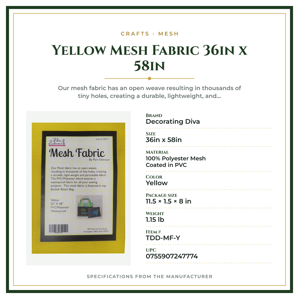 Product Specifications – Yellow Mesh Fabric 36in x 58in