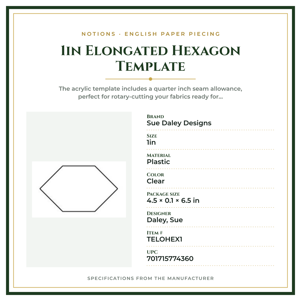 Product Specifications – 1in Elongated Hexagon Template