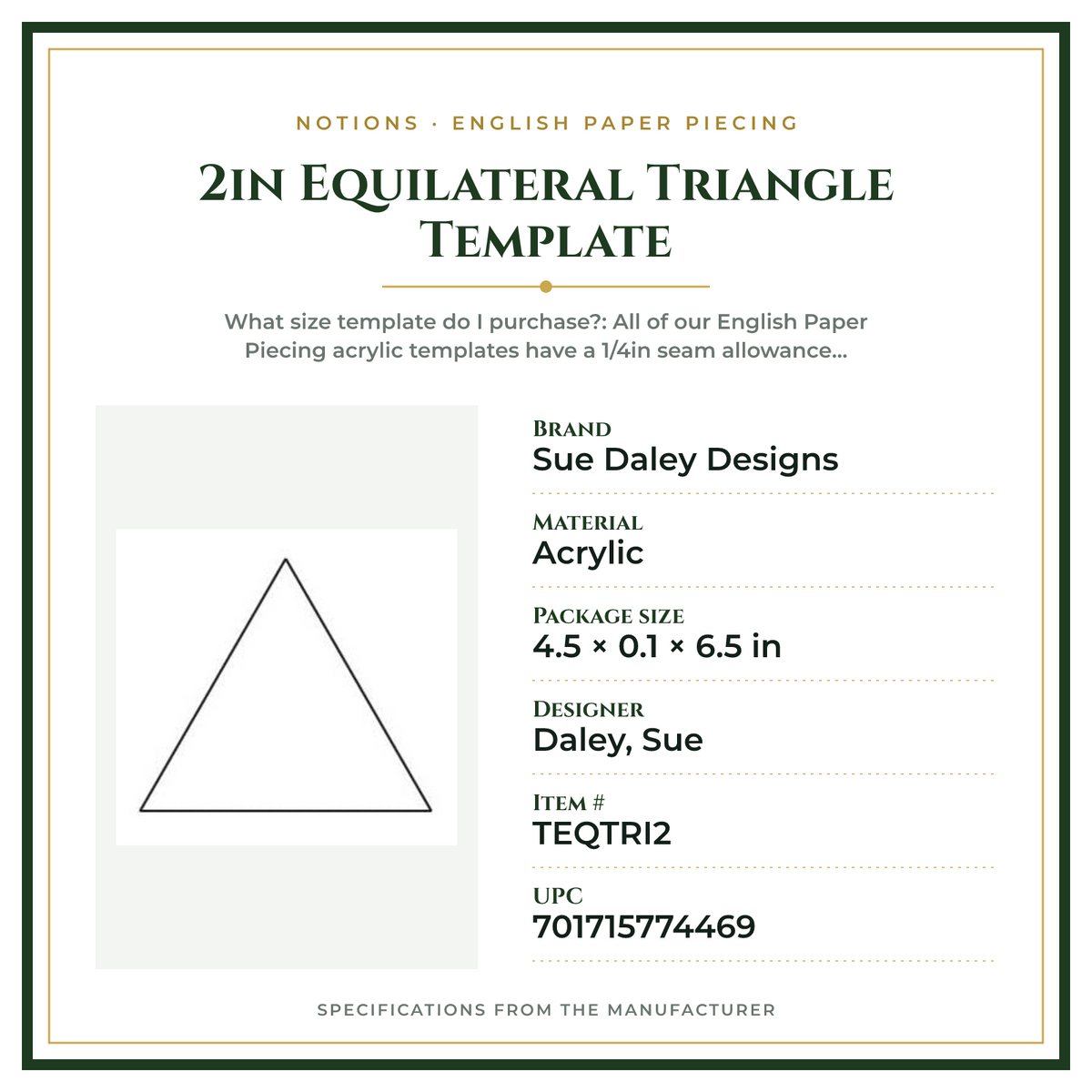 Product Specifications – 2in Equilateral Triangle Template
