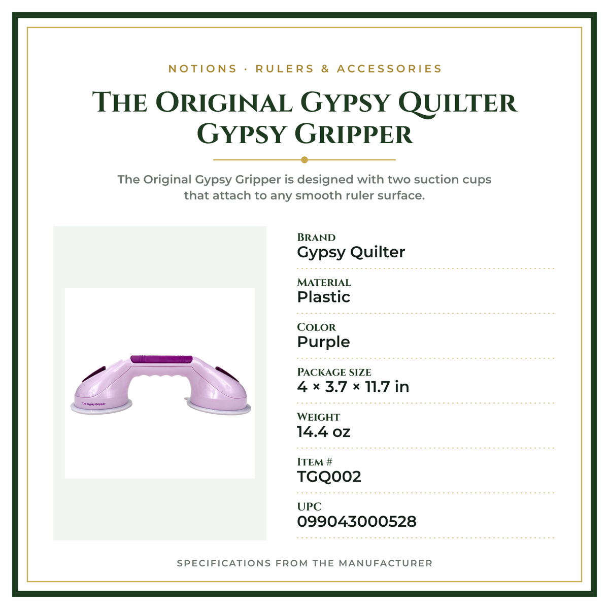 Product Specifications – The Original Gypsy Quilter Gypsy Gripper