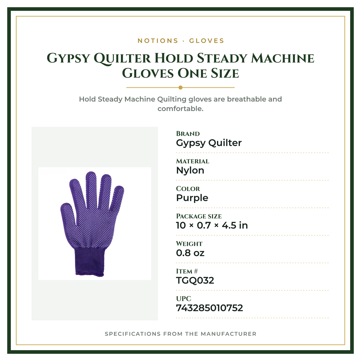 Product Specifications – Gypsy Quilter Hold Steady Machine Gloves One Size