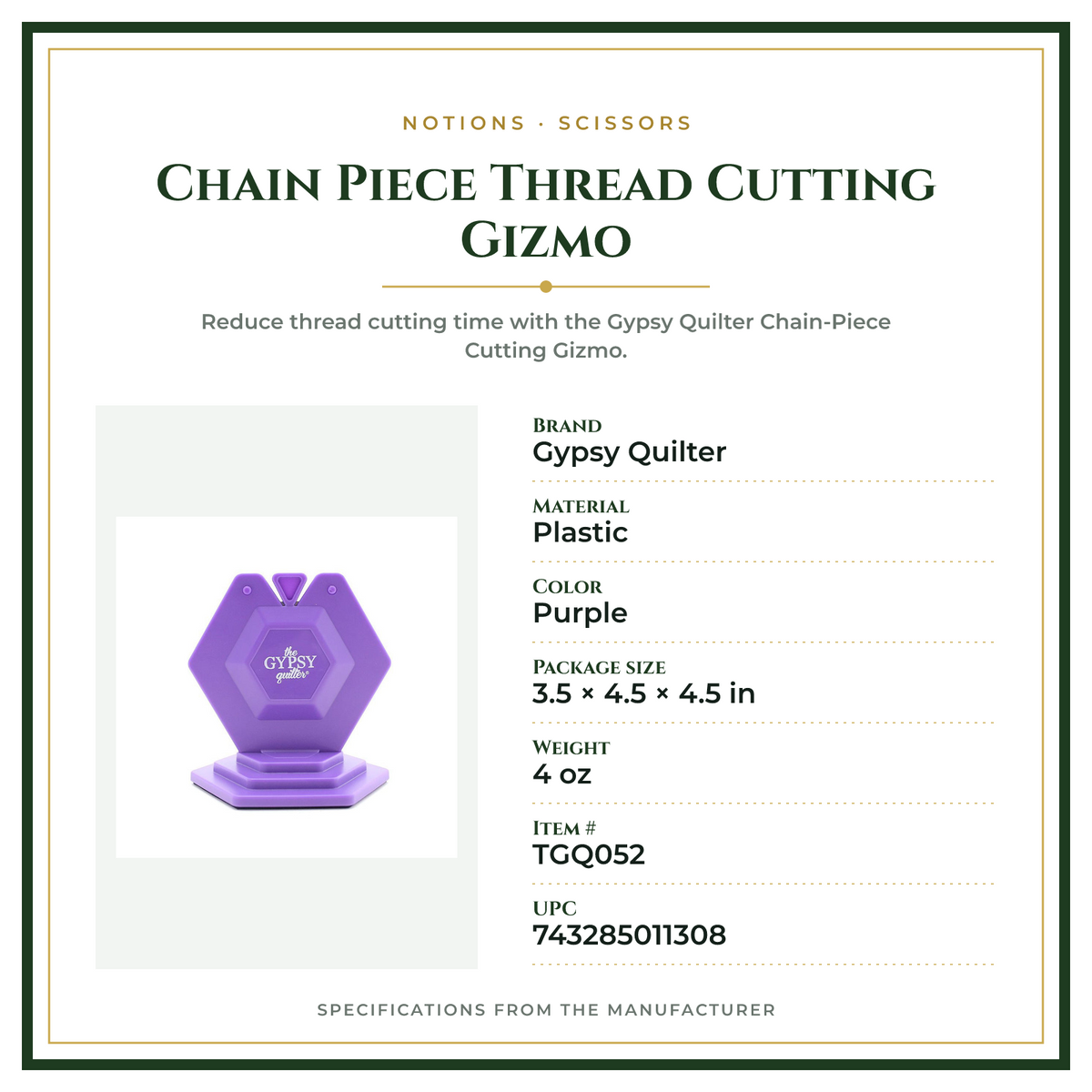 Product Specifications – Chain Piece Thread Cutting Gizmo