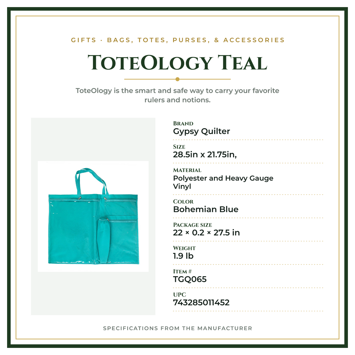 Product Specifications – ToteOlogy Teal