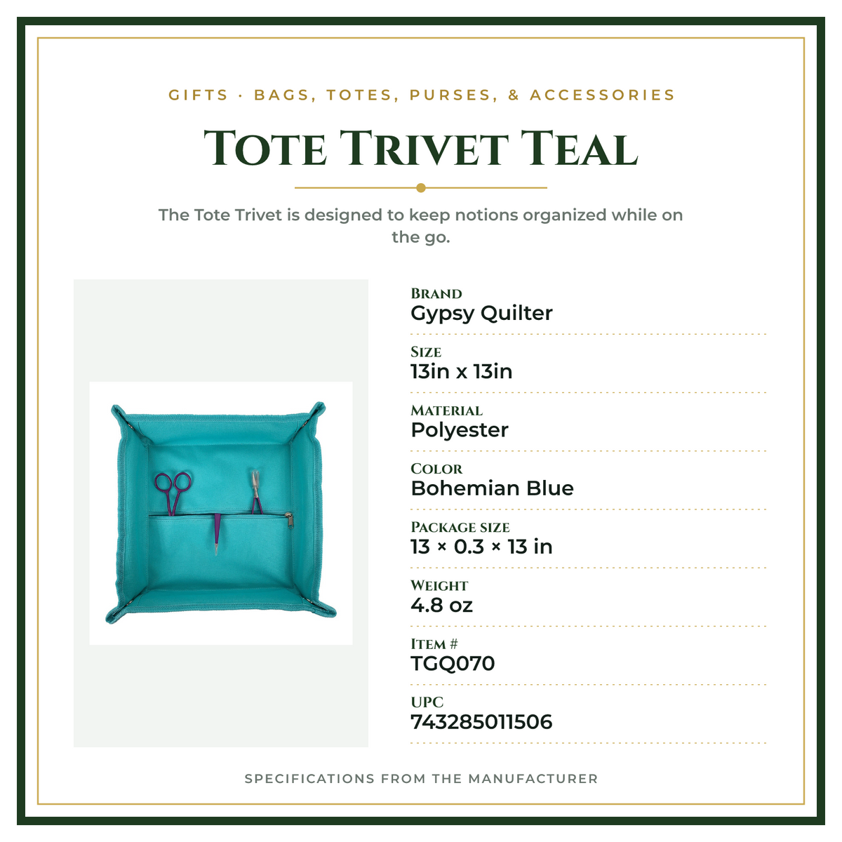 Product Specifications – Tote Trivet Teal
